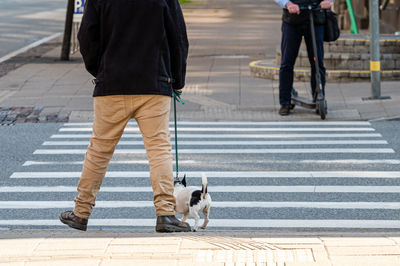 A man with a dog and a man with an electric scooter at a pedestrian crossing, lower section, closeup