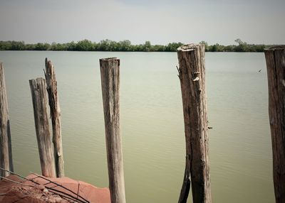 Wooden posts in sea against sky