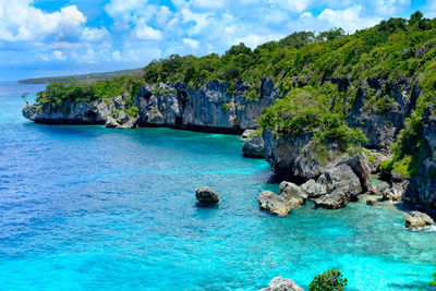 Scenic view of sea and rocks against sky