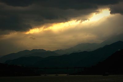 Scenic view of mountains against cloudy sky