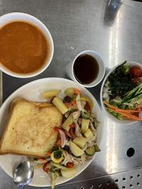 High angle view of breakfast served on table