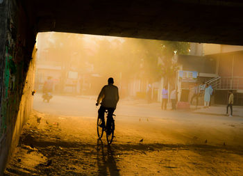 Rear view of silhouette man riding bicycle on road