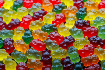 Closeup full-frame background of colorful jelly bears laid closely on a flat surface