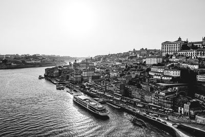 High angle view of river by buildings against clear sky