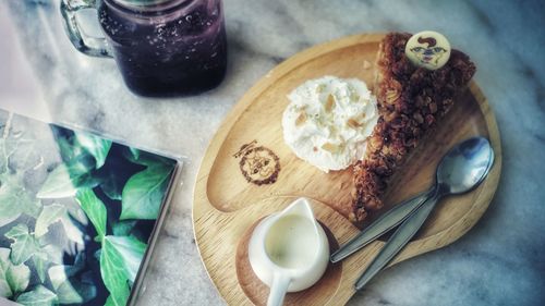 High angle view of breakfast on table