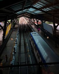 High angle view of railroad station platform at night