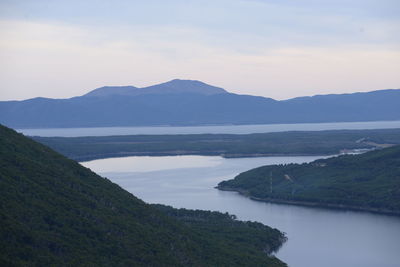 Scenic view of lake and mountains against sky