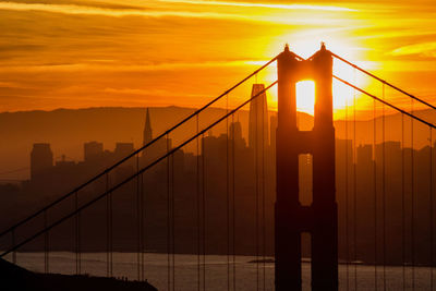 Silhouette of suspension bridge during sunset