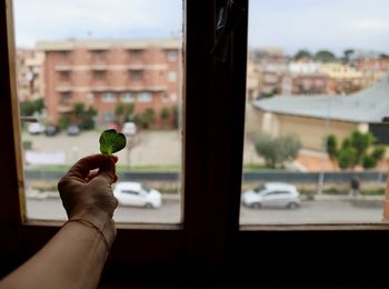 Close-up of hand holding ice cream against window