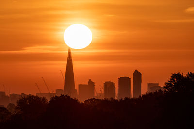 The sunrise beyond the shard and london city skyline