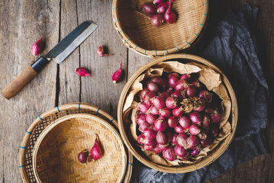 High angle view of strawberries in bowl on table