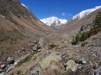 Scenic view of snowcapped mountains against blue sky