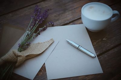 High angle view of coffee on table