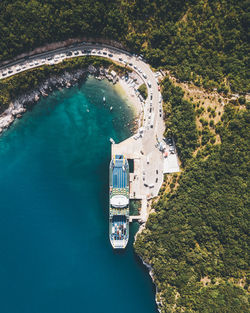 Aerial view of ferry moored at harbor