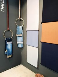 Close-up of clothes hanging on wall
