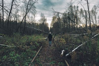 Man standing by bare trees in forest against sky