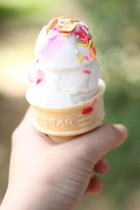 Close-up of hand holding ice cream