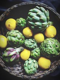 High angle view of fruits in basket for sale