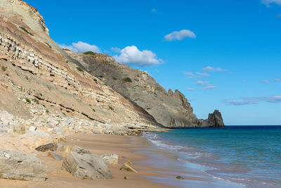 Scenic view of beach against blue sky