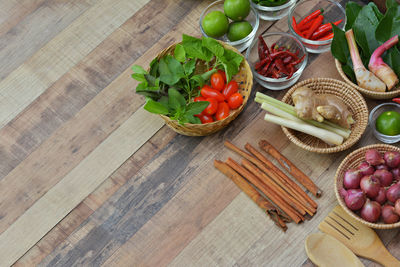 High angle view of chopped vegetables on table