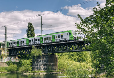 Train on bridge against sky