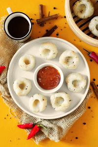 High angle view of breakfast on table