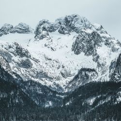 Scenic view of snowcapped mountains against clear sky