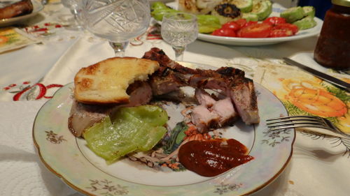Close-up of food served on table