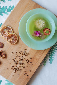 High angle view of vegetables in bowl on table