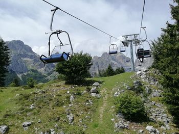 Overhead cable car against sky