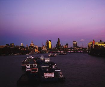 City at waterfront at dusk