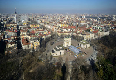 High angle view of city buildings