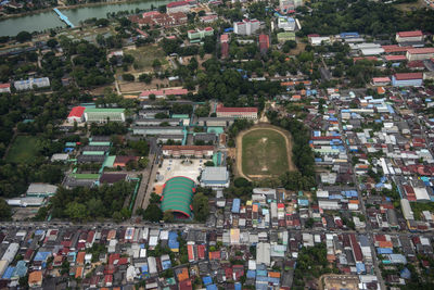 High angle view of buildings in city