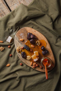 High angle view of dessert on table