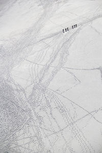 Aerial view of hikers hiking on snowcapped mountain