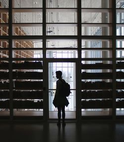 Rear view of silhouette man standing in building