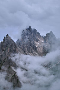 Panoramic view of mountains against sky. cadini di misurina on a cloudy day, dolomites, south tyrol
