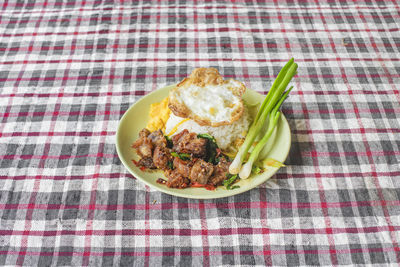 High angle view of breakfast served on table