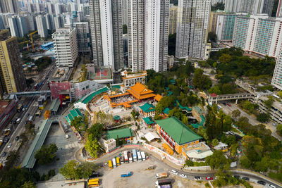 High angle view of buildings in city