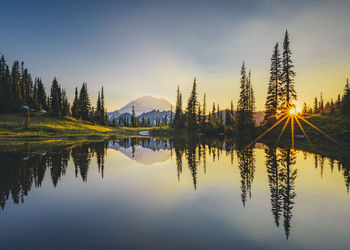 Scenic view of lake against sky during sunset