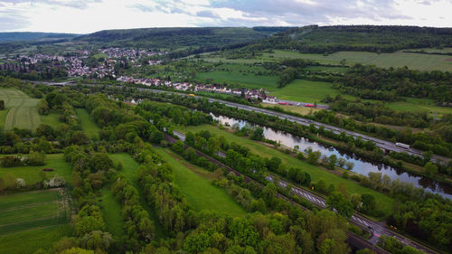 High angle view of trees on landscape against sky