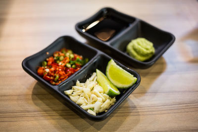 High angle view of vegetables in bowl on table