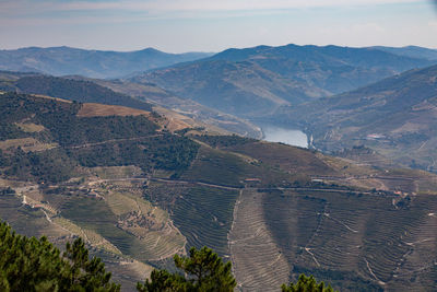 High angle view of landscape and mountains against sky