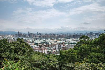 High angle shot of townscape against sky