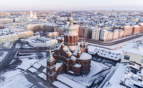 High angle view of crowd in city during winter