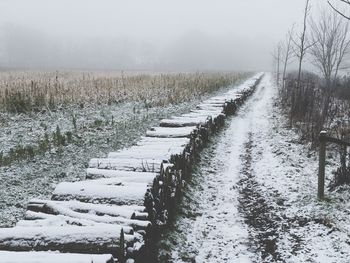 Snow covered land against sky during winter