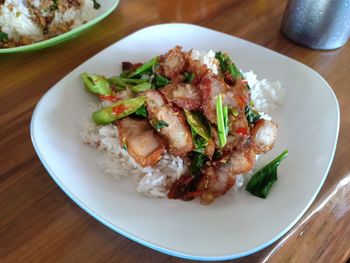 High angle view of meal served on table