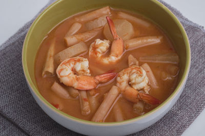 High angle view of soup in bowl on table