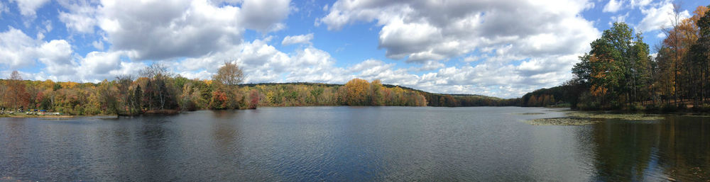 Panoramic shot of calm countryside lake
