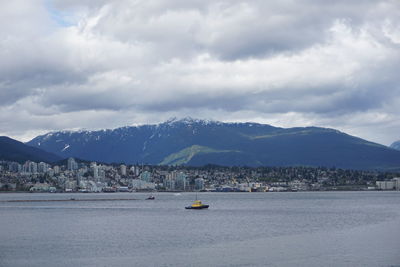 View of city at waterfront against cloudy sky